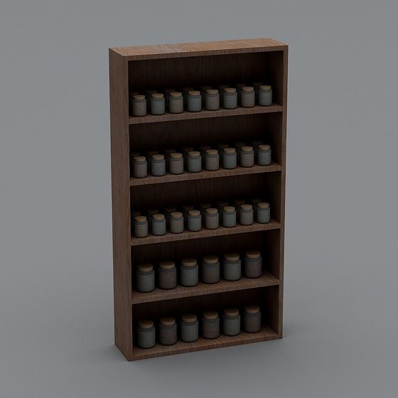 Tall brown wooden bookshelf with five shelves holding many grey jars on grey background