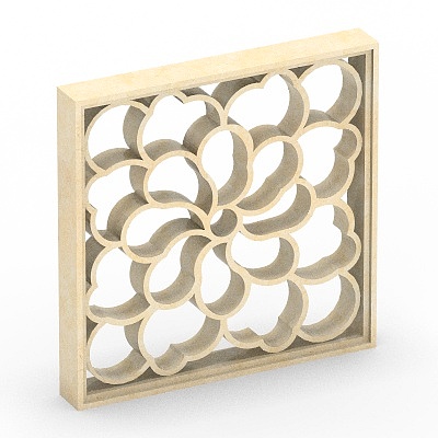 Light beige square wood wall panel with floral cutout design on white background
