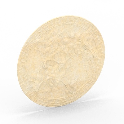 Round beige stone wall art with carved dragon and geometric border pattern on white background