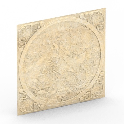 Square beige relief wall panel with round bird and flower pattern on white background