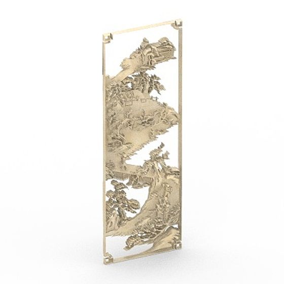 Elegant Eastern Landscape Folding Screen 3D model