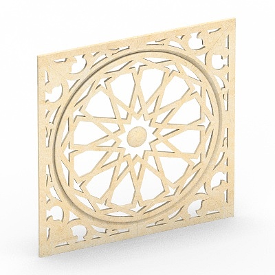 Traditional light wood decorative wall panel with geometric star pattern on white background