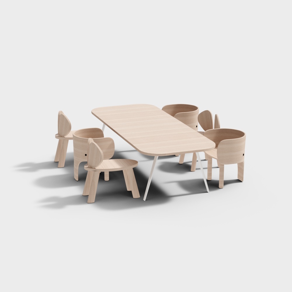 Wooden desks and chairs