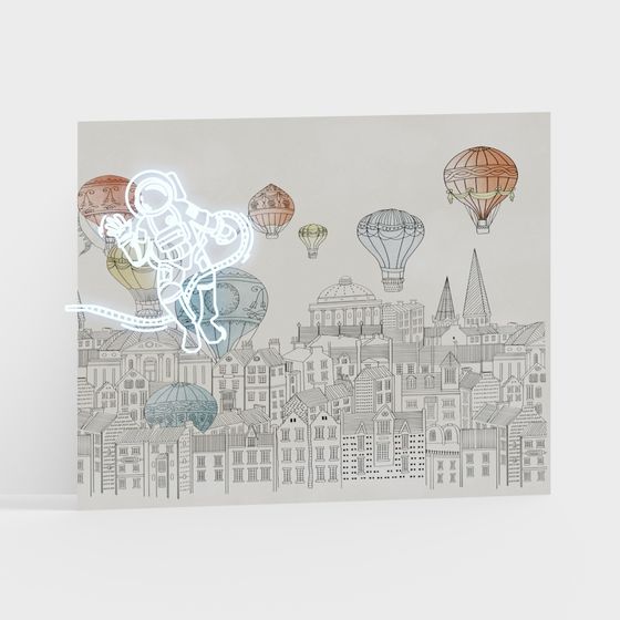 Dreamy Sky City 3D model with Hot Air Balloons and Astronaut