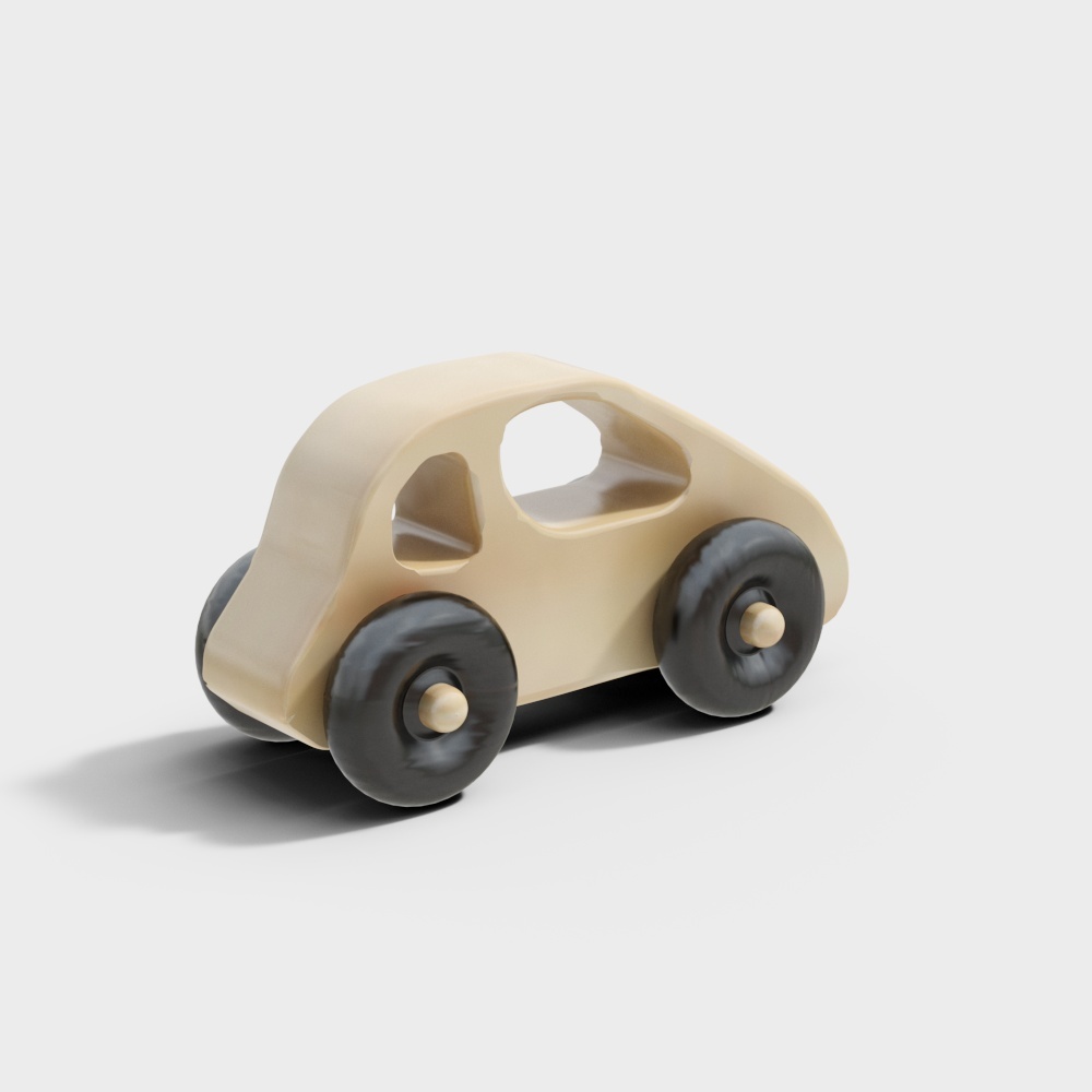 Simple beige wooden toy car with black wheels on white background