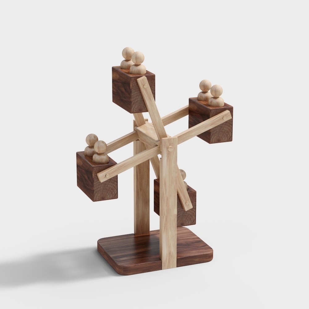 Modern wooden toy Ferris wheel with dark brown cabins and light wood frame on white background