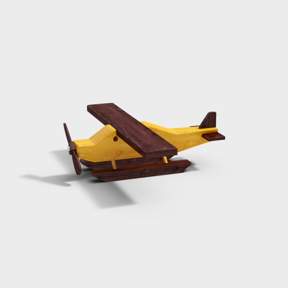 Wooden toy airplane with yellow body and dark brown wings on grey background