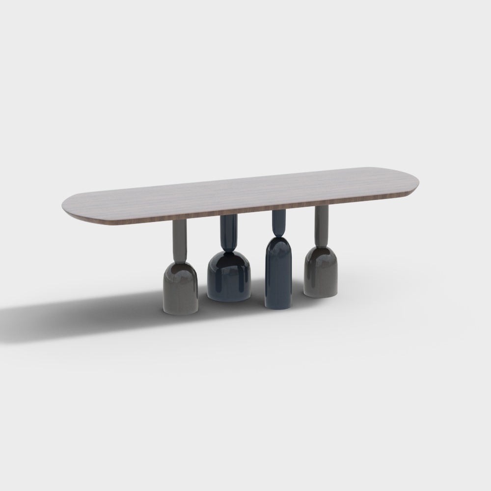Modern oval coffee table with wood top and blue grey ceramic legs on white background