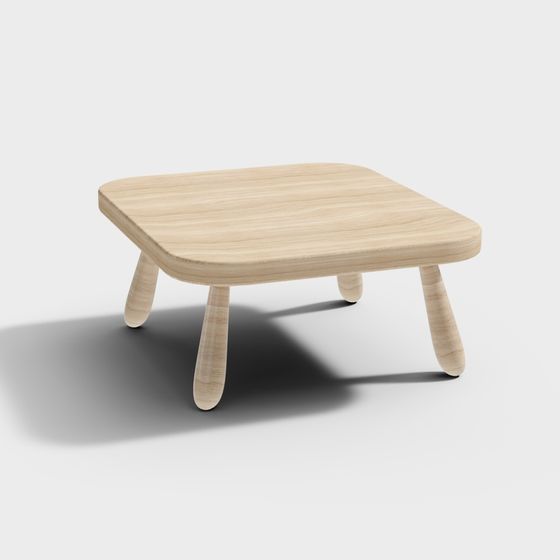 Modern light wood square coffee table with four rounded legs on white background