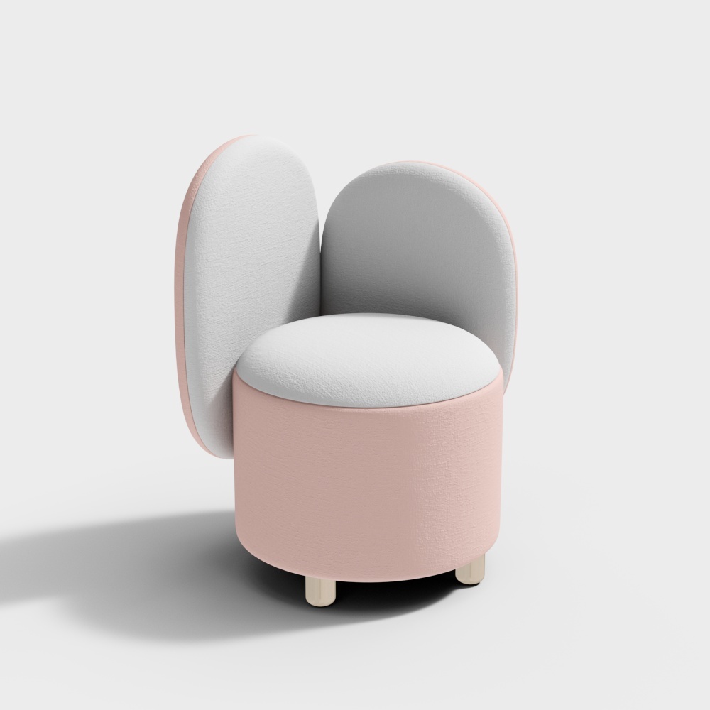 Pink and white upholstered armchair with rounded backrest and wooden legs on white background