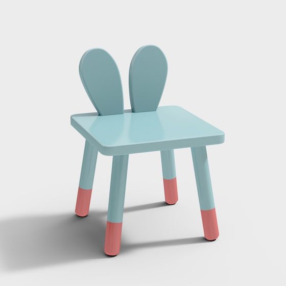 Playful light blue wooden chair with pink leg tips and bunny ears on white background