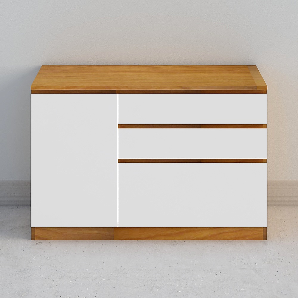 Modern white cabinet with light wood top and three drawers on grey background