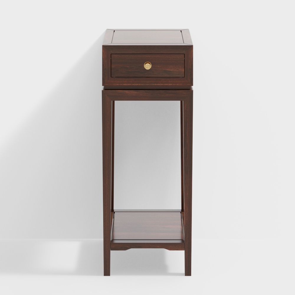 Tall dark brown wooden side table with one drawer and gold knob on white background