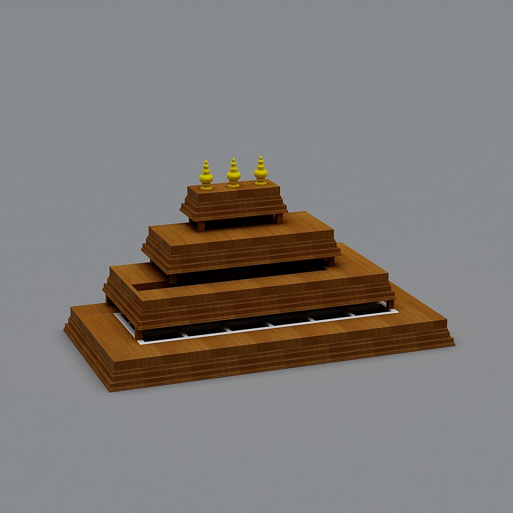 Traditional tiered wooden temple roof model with three yellow spires on grey background
