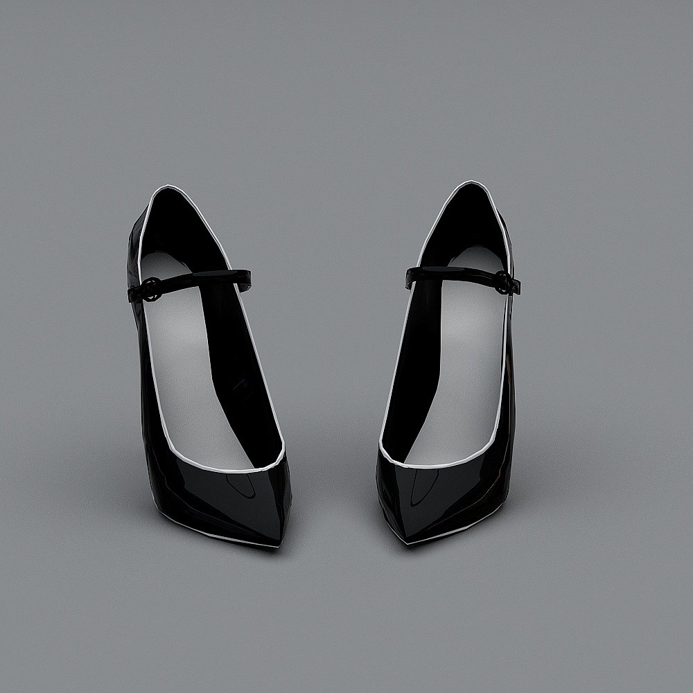 Black shiny high heel shoes with ankle strap and pointed toe on grey background