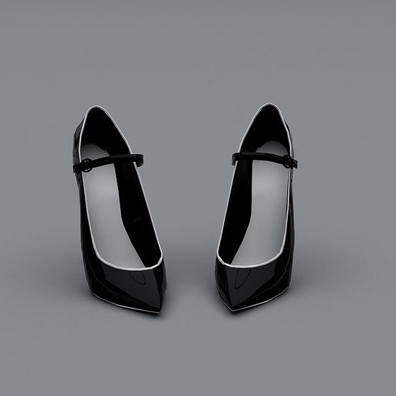 Black shiny high heel shoes with ankle strap and pointed toe on grey background