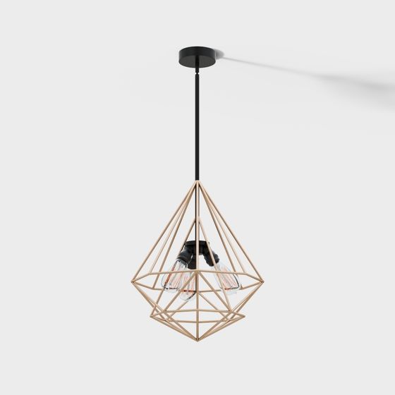 Modern gold geometric ceiling light with black rod and two bulbs on white background