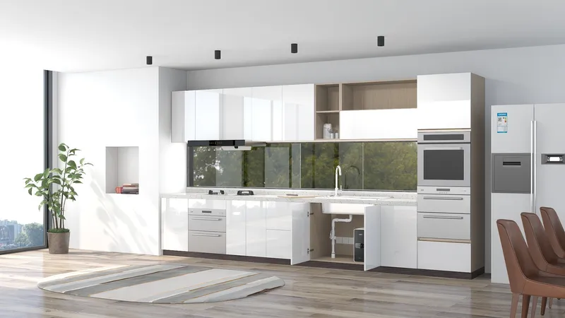 Modern white kitchen showing open cabinet with water filter large window and round striped rug