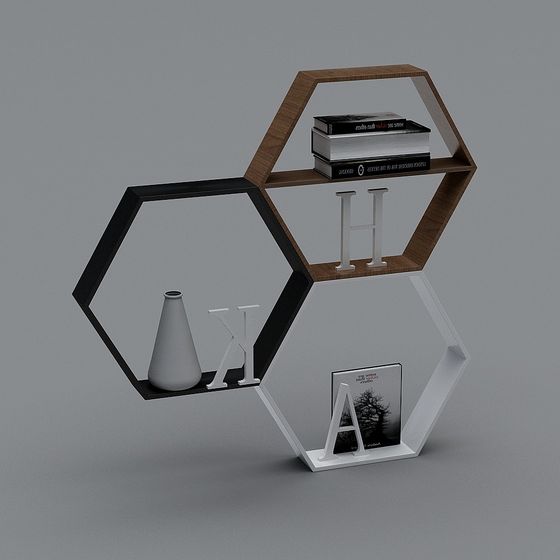 Modern hexagonal wall shelf set in wood black white with books vase on grey background