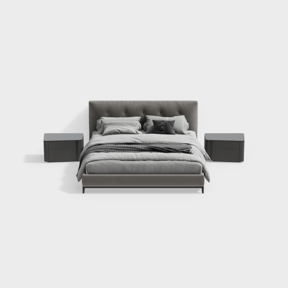 Modern grey upholstered bed with matching nightstands and pillows on white background