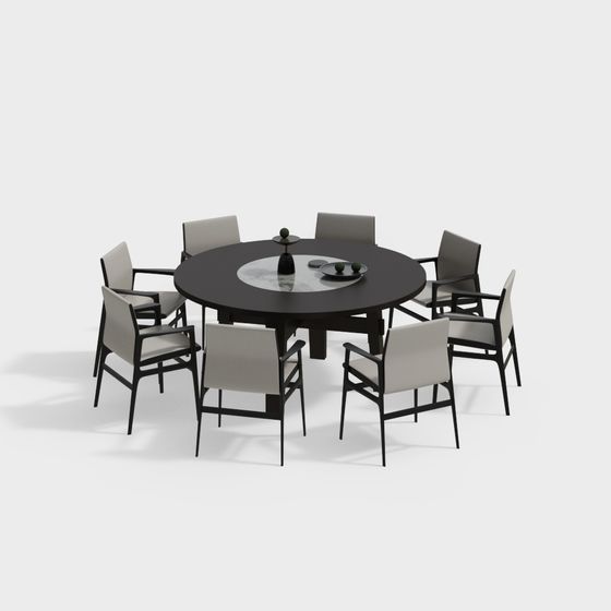 Elegant Round Table with Eight Chairs 3D model