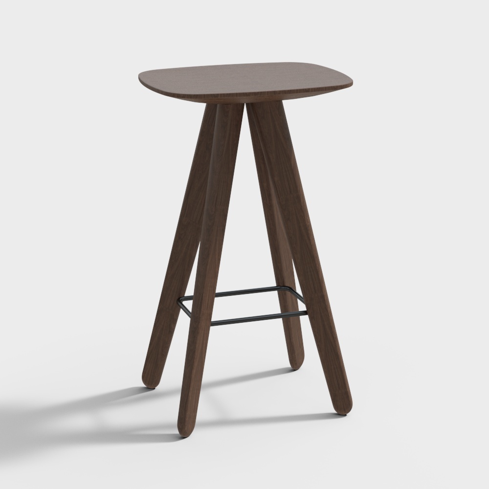 Modern dark wood stool with black metal footrest on white background