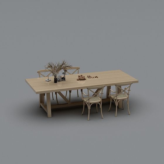 Natural Wood Dining Table and Chair Set 3D model