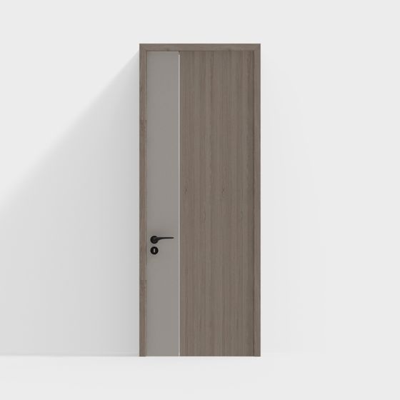 Modern grey wood interior door with black handle and vertical stripe on white background
