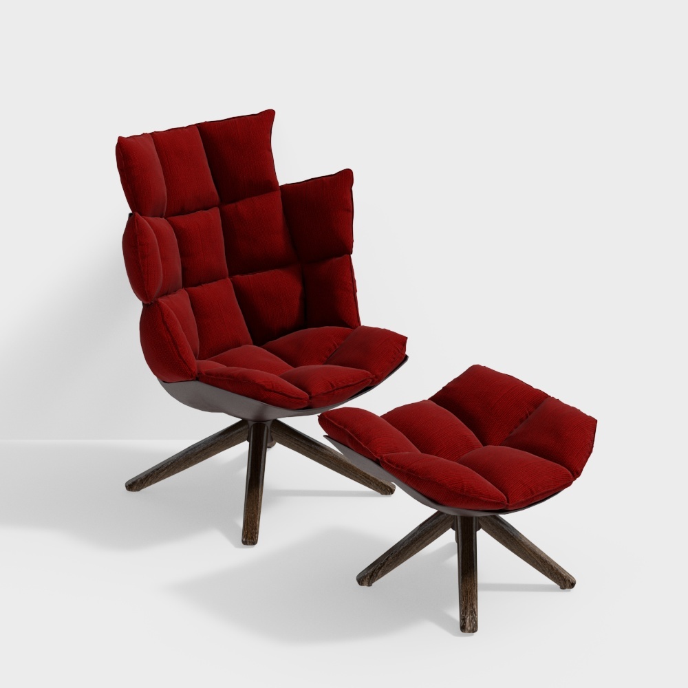 Red Velvet Armchair with Ottoman 3D Model – Low Poly Design
