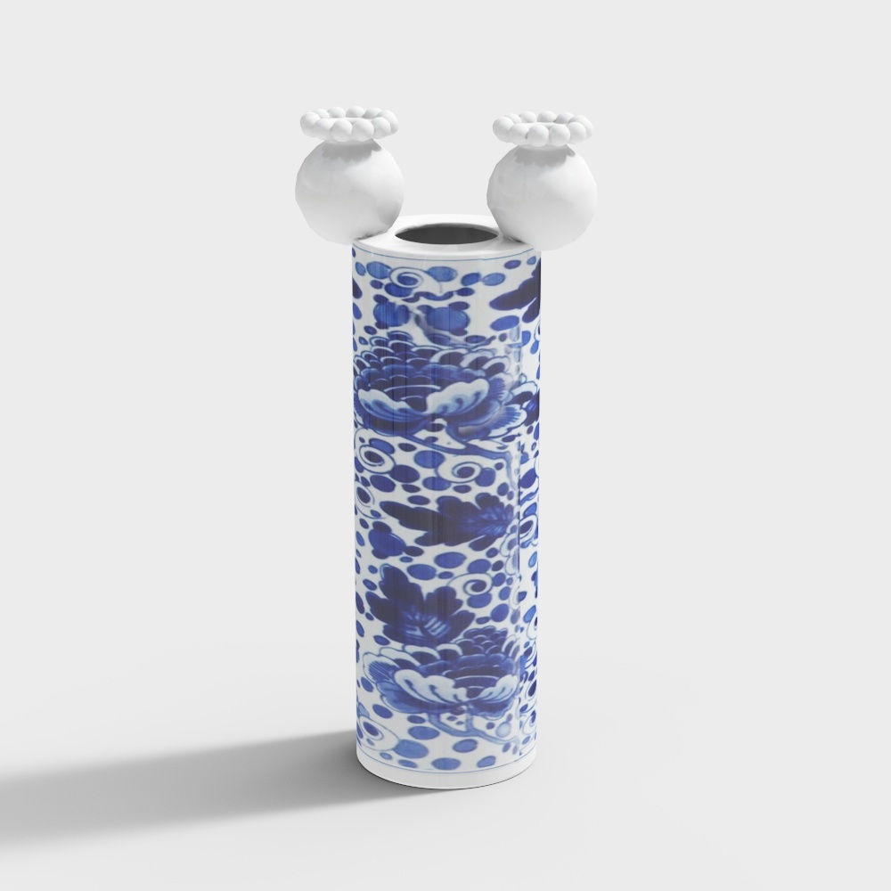 Blue and White Porcelain Vase 3D Model – Floral Ceramic