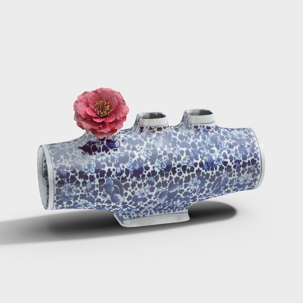 Oriental Blue and White Porcelain Vase 3D Model – Classic Floral Design
