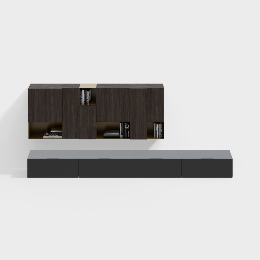 Modern Urban Shelf 3D Model – Low-Poly Wood & Gold