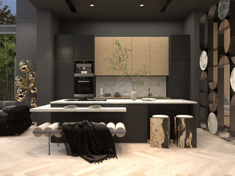Modern dark kitchen with wood cabinets marble backsplash island black stools and light wood floor