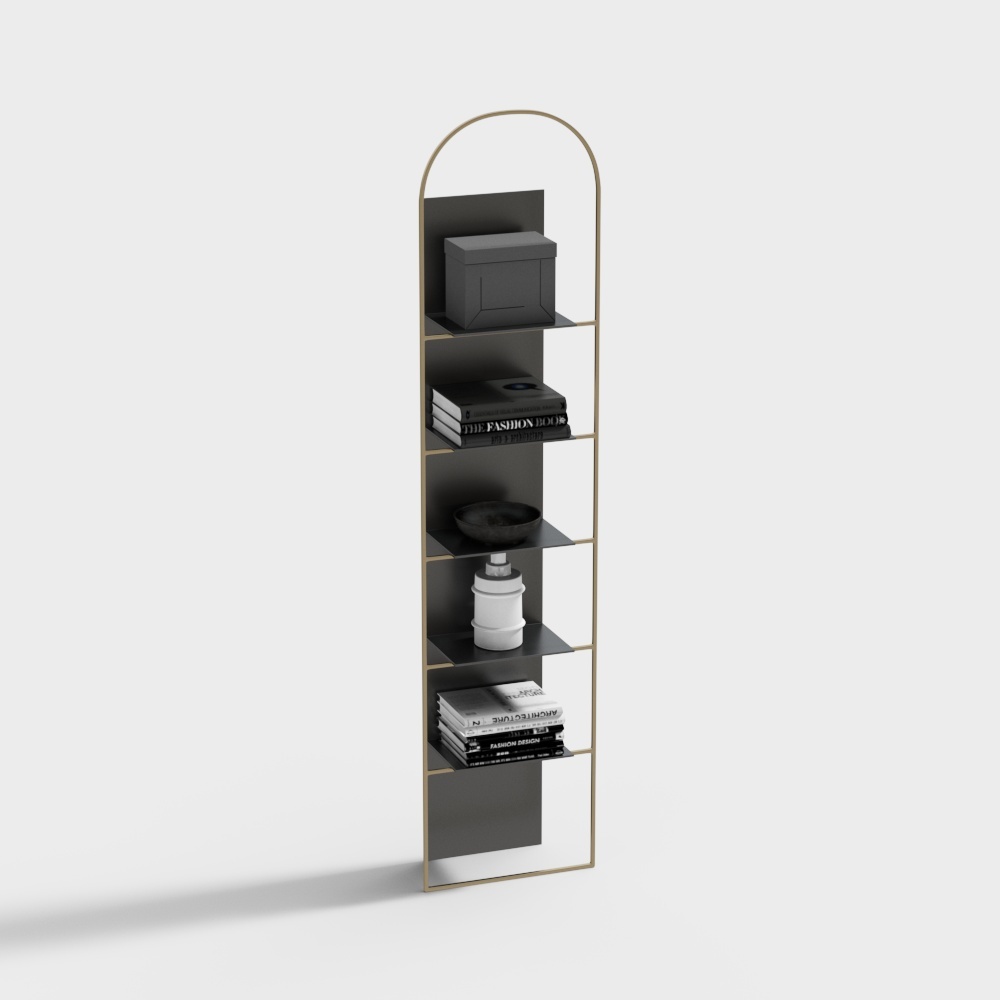 Tall black metal bookshelf with gold frame and five shelves on white background