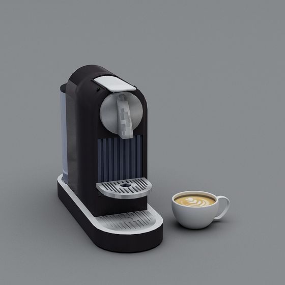 Modern black coffee machine with silver tray and white cup of latte on grey background