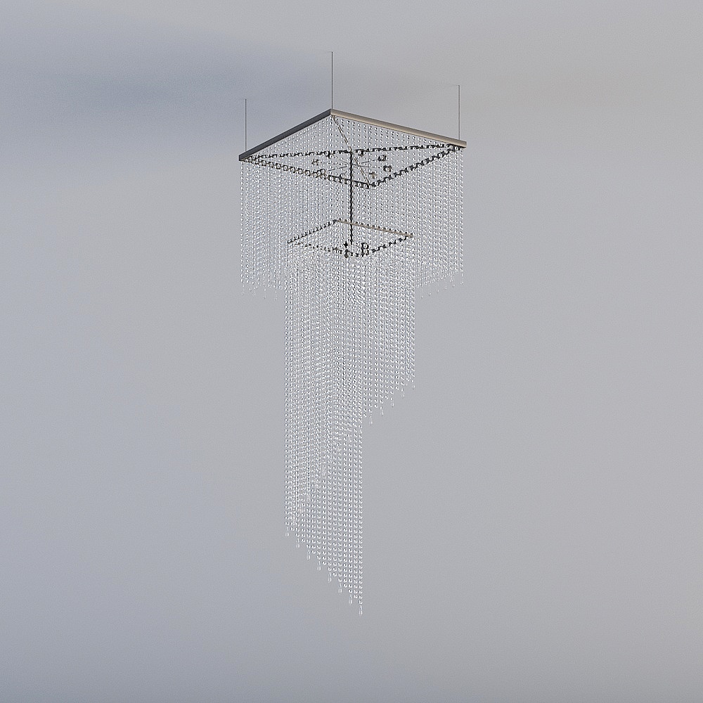 Modern silver metal ceiling light with long clear crystal strands on grey background