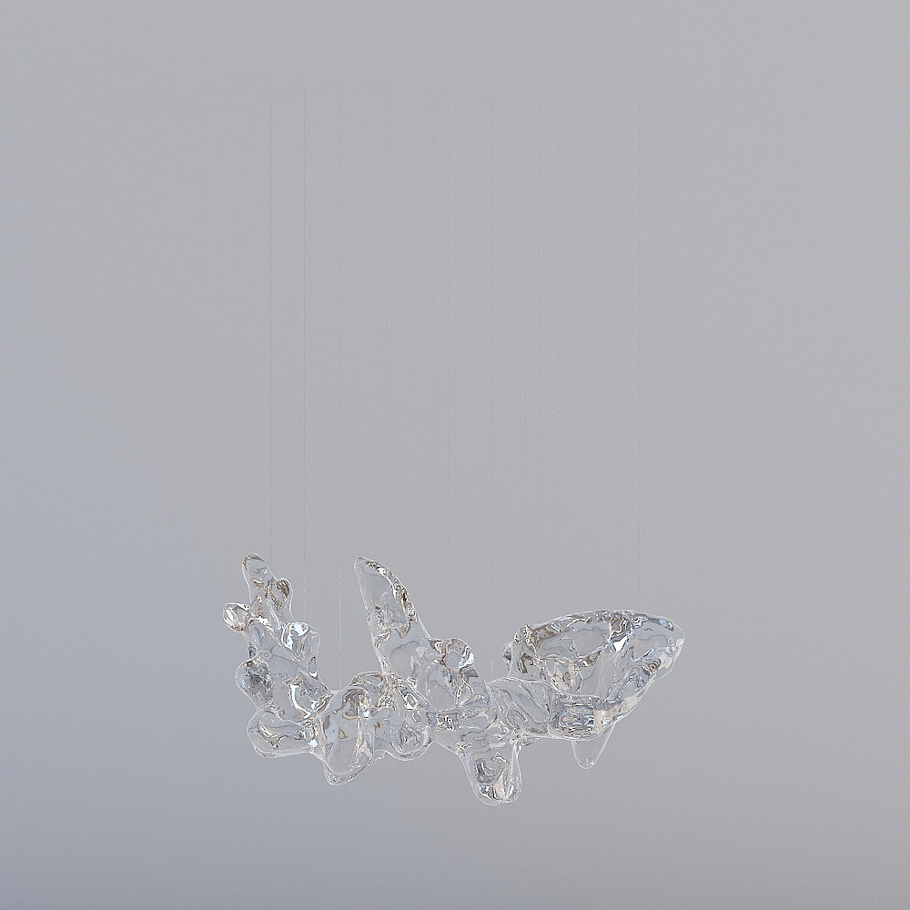Modern clear glass ceiling light with abstract organic shape hanging on grey background