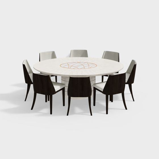 Round Table with Six Chairs 3D model
