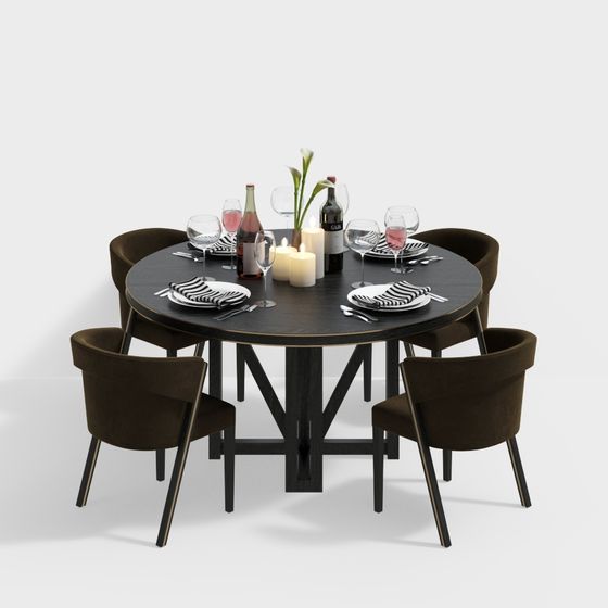 Elegant Low-Polygon Dining Table and Chairs 3D model