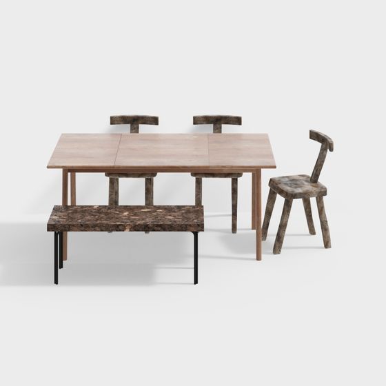 Stylish Wooden Dining Table and Chair Set 3D model