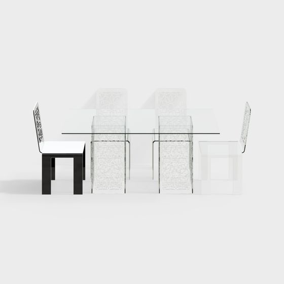Stylish Transparent Glass Dining Table and Chairs 3D model