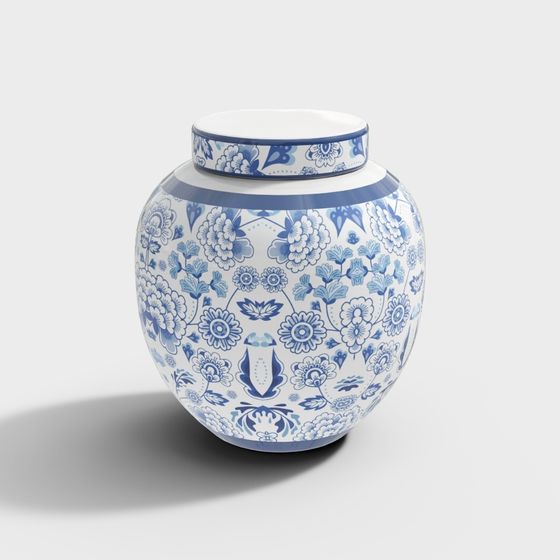 Exquisite Blue and White Porcelain Jar 3D model