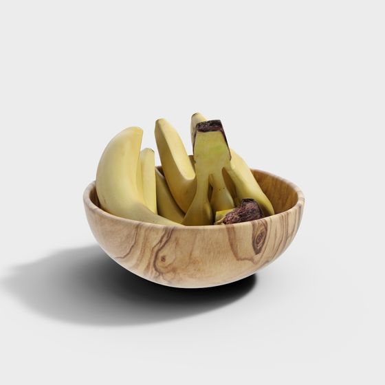 Realistic Wooden Fruit Bowl with Bananas 3D model