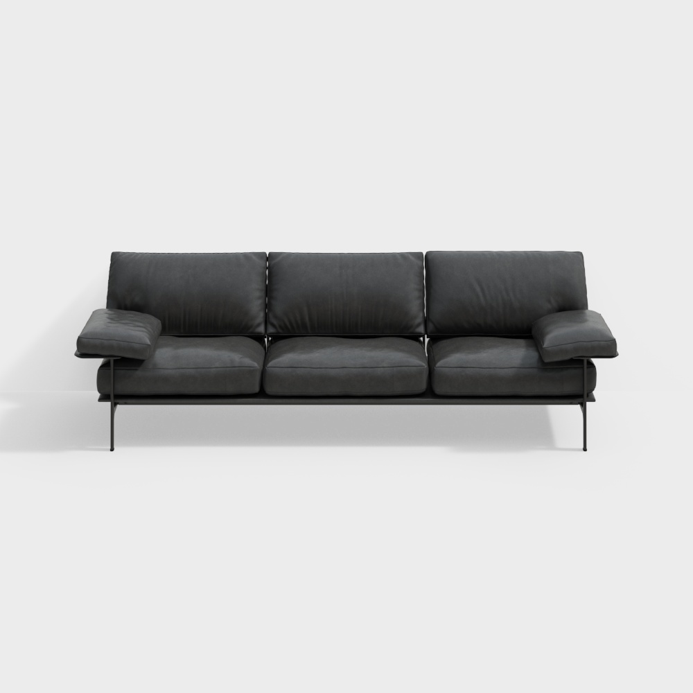 Modern Three-seater Sofa 3D Model – Black Upholstery