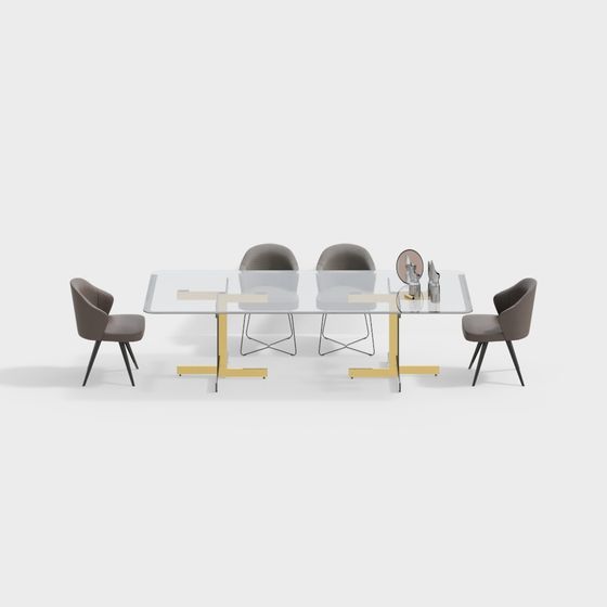 Contemporary Glass Dining Table with Leather Chairs 3D Model