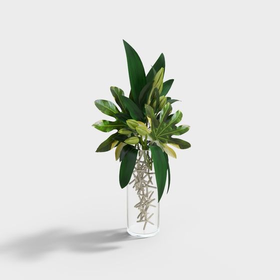 Glass Vase with Tropical Plants 3D model