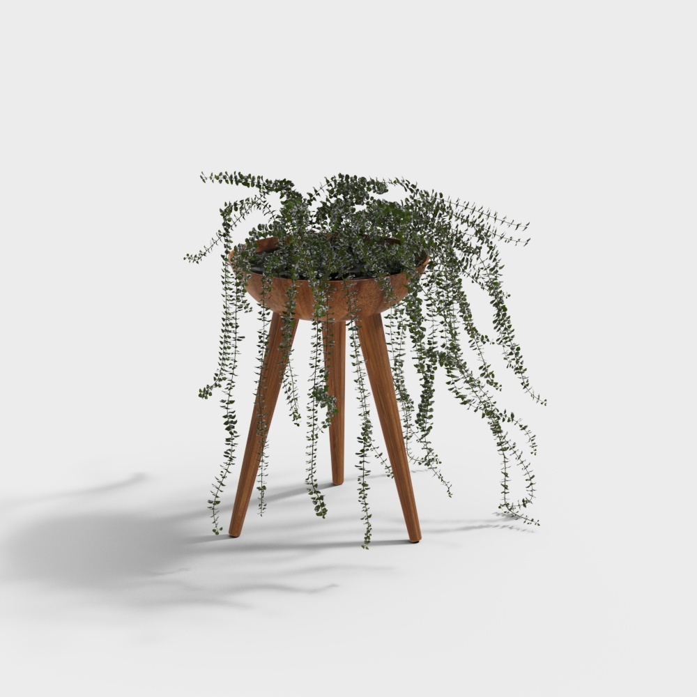 Low-Poly Hanging Planter Stand 3D Model – Wooden & Green