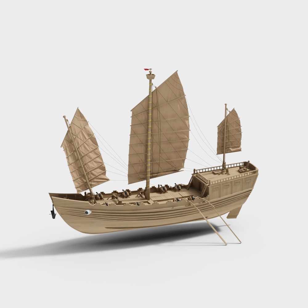 Wooden junk ship model with tan sails and deck details on white background