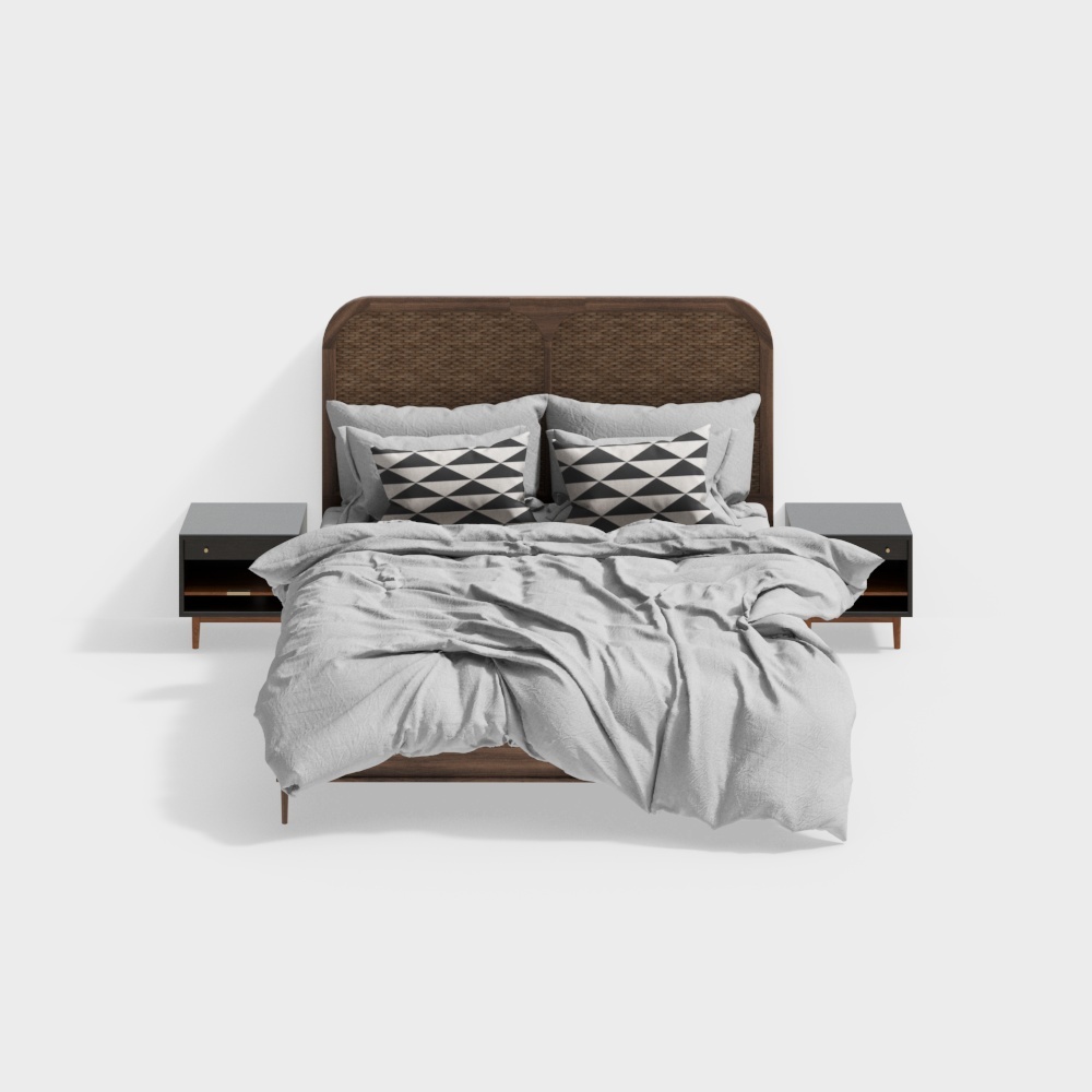 Cozy Retreat Bed Frame 3D Model – Wooden Rattan Detail