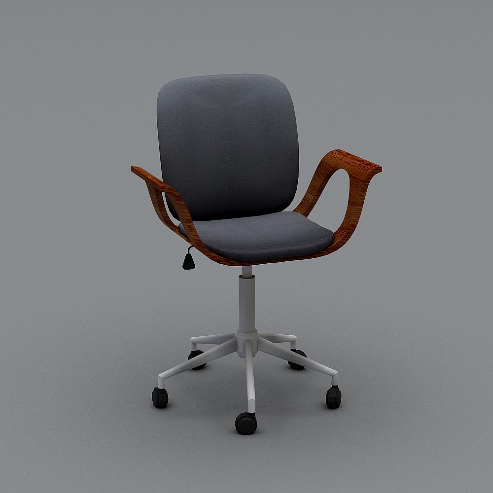 Modern grey fabric office chair with wooden arms and white base on grey background